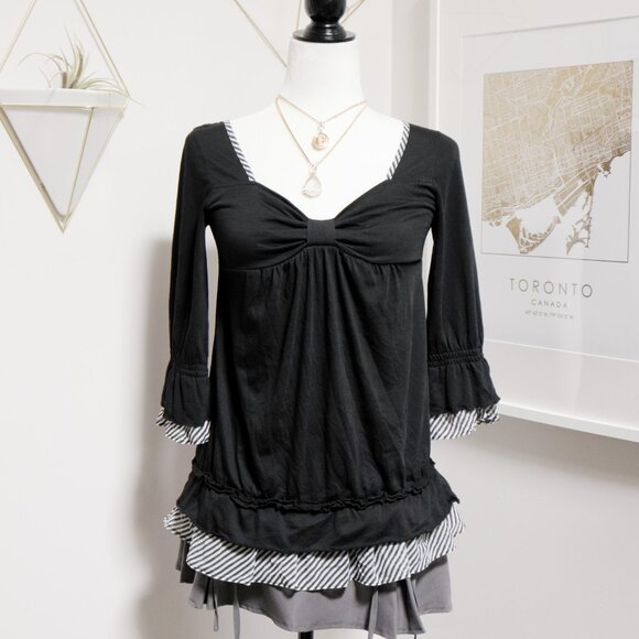 Black Babydoll Top w/ Striped Sheer Ruffle Trim 🐈‍⬛ JAPANESE BRAND - Picture 3 of 10